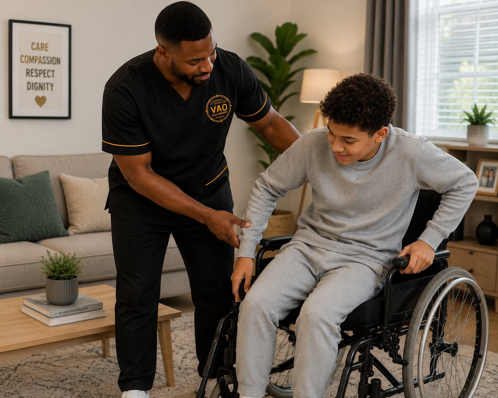 A VAO Care Services support worker crouching down to talk with a young man in a wheelchair, in his living room at home.