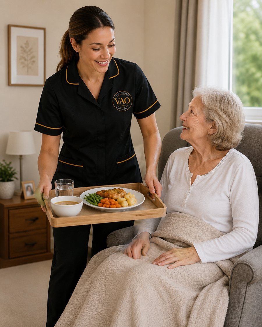A VAO Care Services worker in black uniform bringing a meal tray to a client resting in her armchair.
